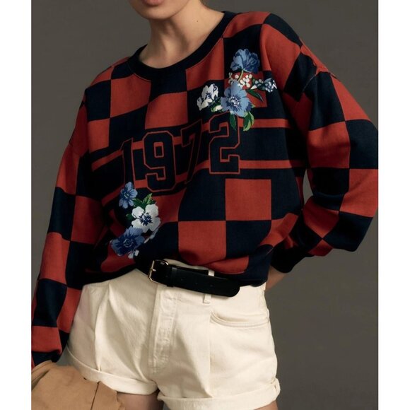 Maeve Anthropologie Printed Crew Sweatshirt Top Floral Oversized Plaid XS 283853 - Picture 1 of 8